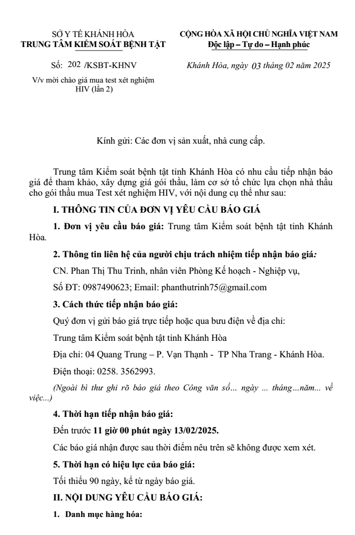 Mời chào giá mua test xét nghiệm HIV (lần 2)